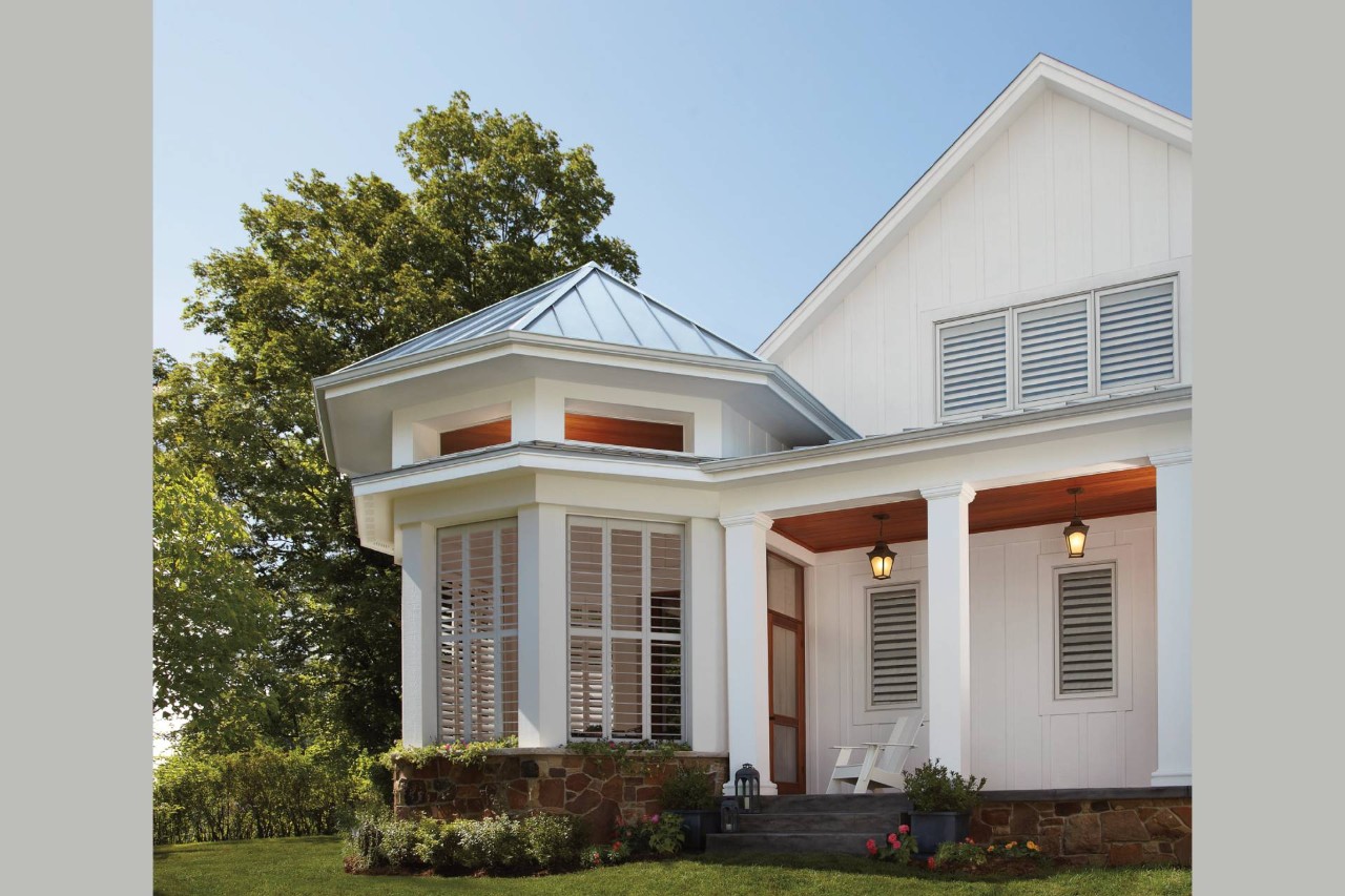 Hunter Douglas Palm Beach™ Polysatin™ Vinyl Shutters on an enclosed patio near Roseburg, Oregon (OR)