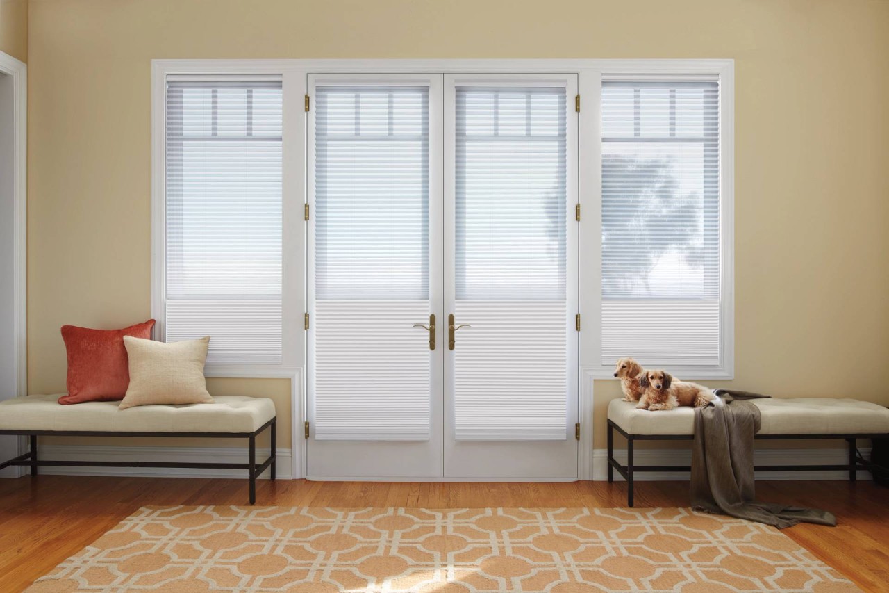 French door featuring white French door shades in a chic room at The Blindman near Roseburg, OR